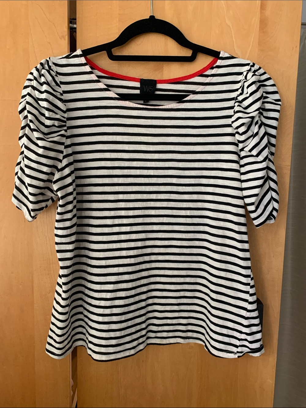 W5 Black & White Striped Short-Sleeve Top with puffy sleeves